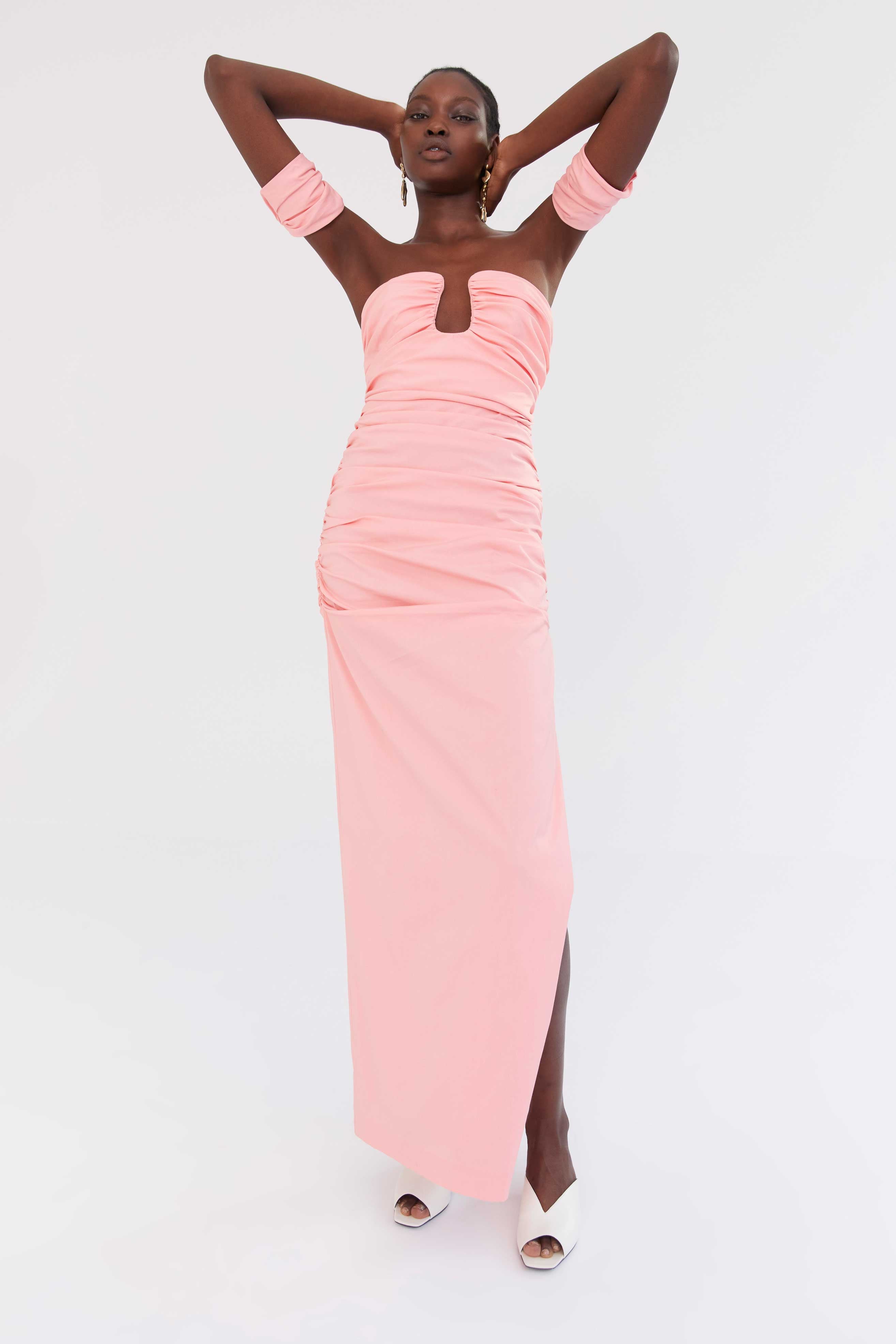 After Hours Blush Pink Strapless Ruffled Maxi Dress