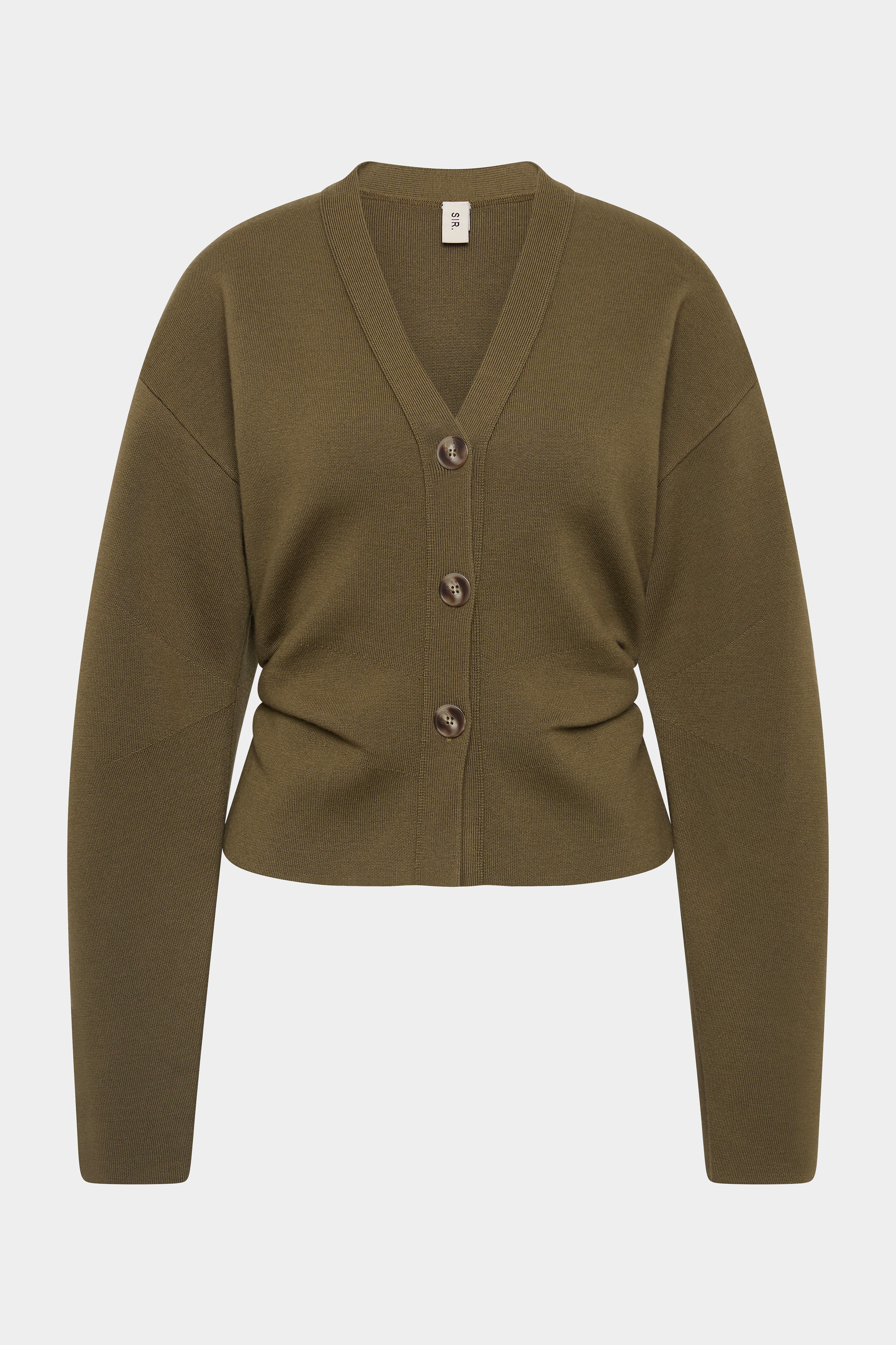 Ayana Gathered Cardigan | Olive 100% Heavyweight Merino Wool | SIR.