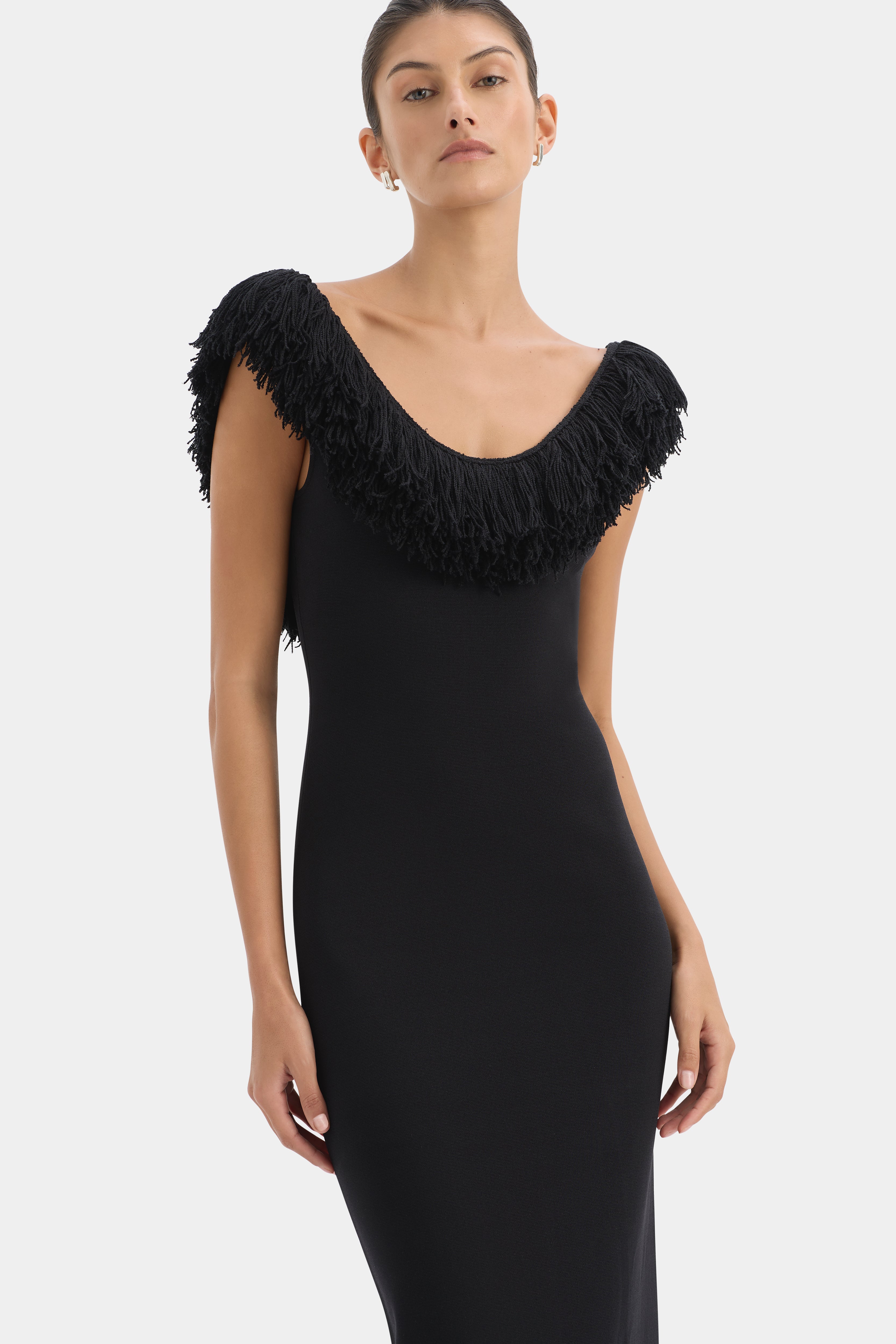 knee length dresses for ladies Marcelline Fringe Scoop Back Gown – SIR