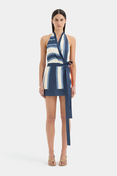 Dazed Wrap Halter Mini Dress | Blue Stripe Studio Print