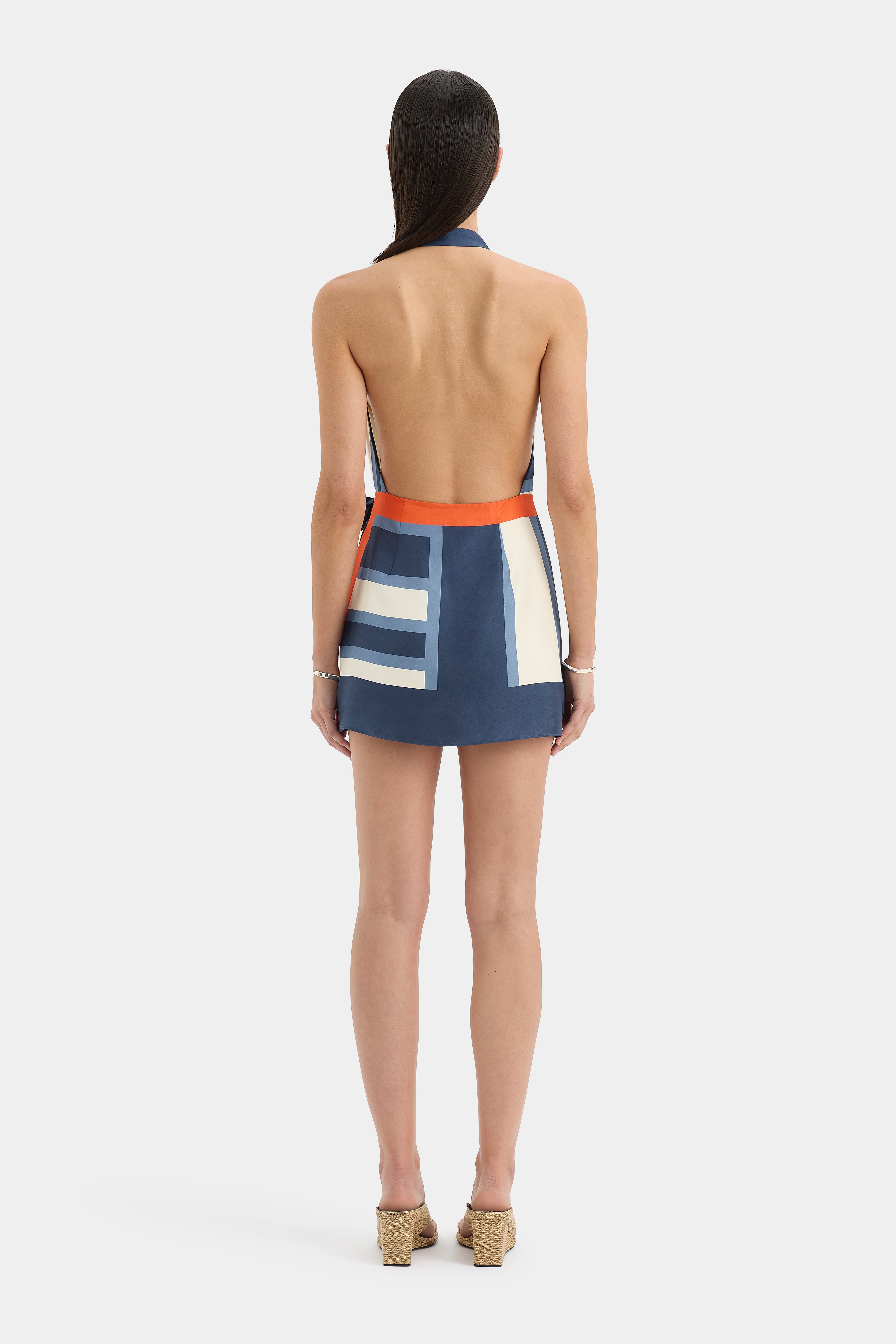 Dazed Wrap Halter Mini Dress | Blue Stripe Studio Print | SIR.