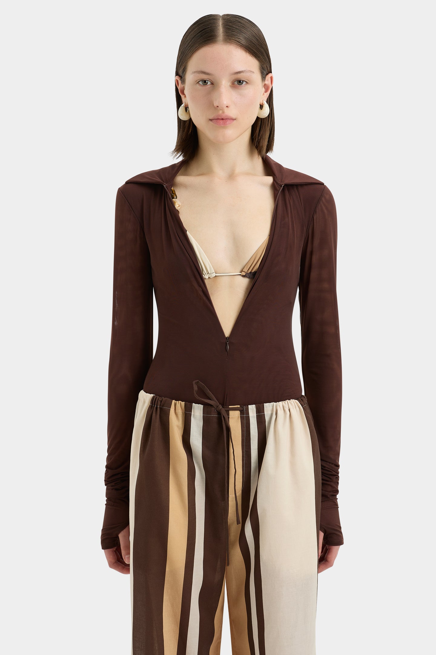 SIR the label Jacques Mesh Zip Bodysuit Chocolate