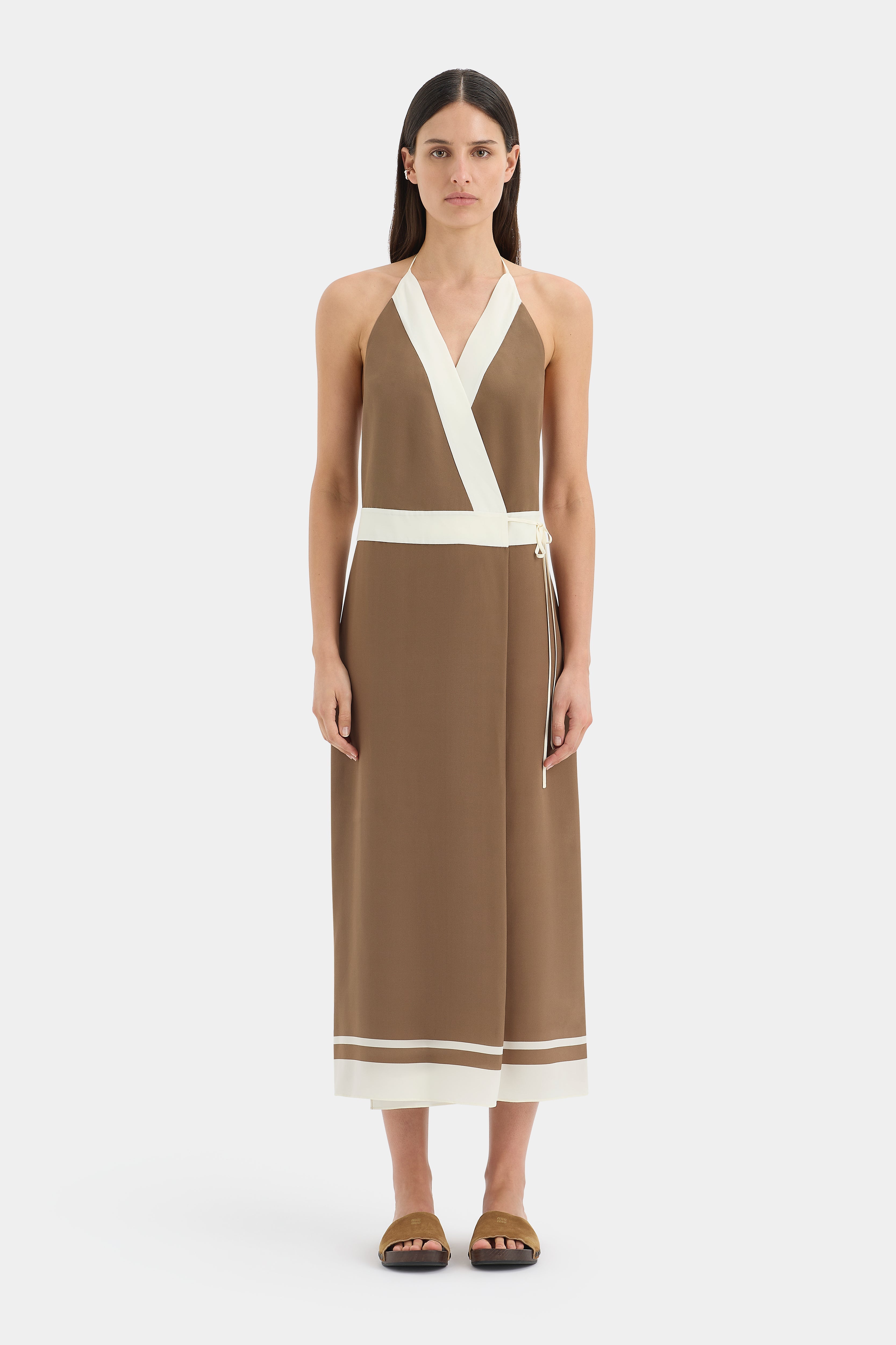 Almara Wrap Halter Dress | Brown Espresso Stripe | SIR. Almara Wrap Halter Dress | Brown Espresso Stripe | SIR.