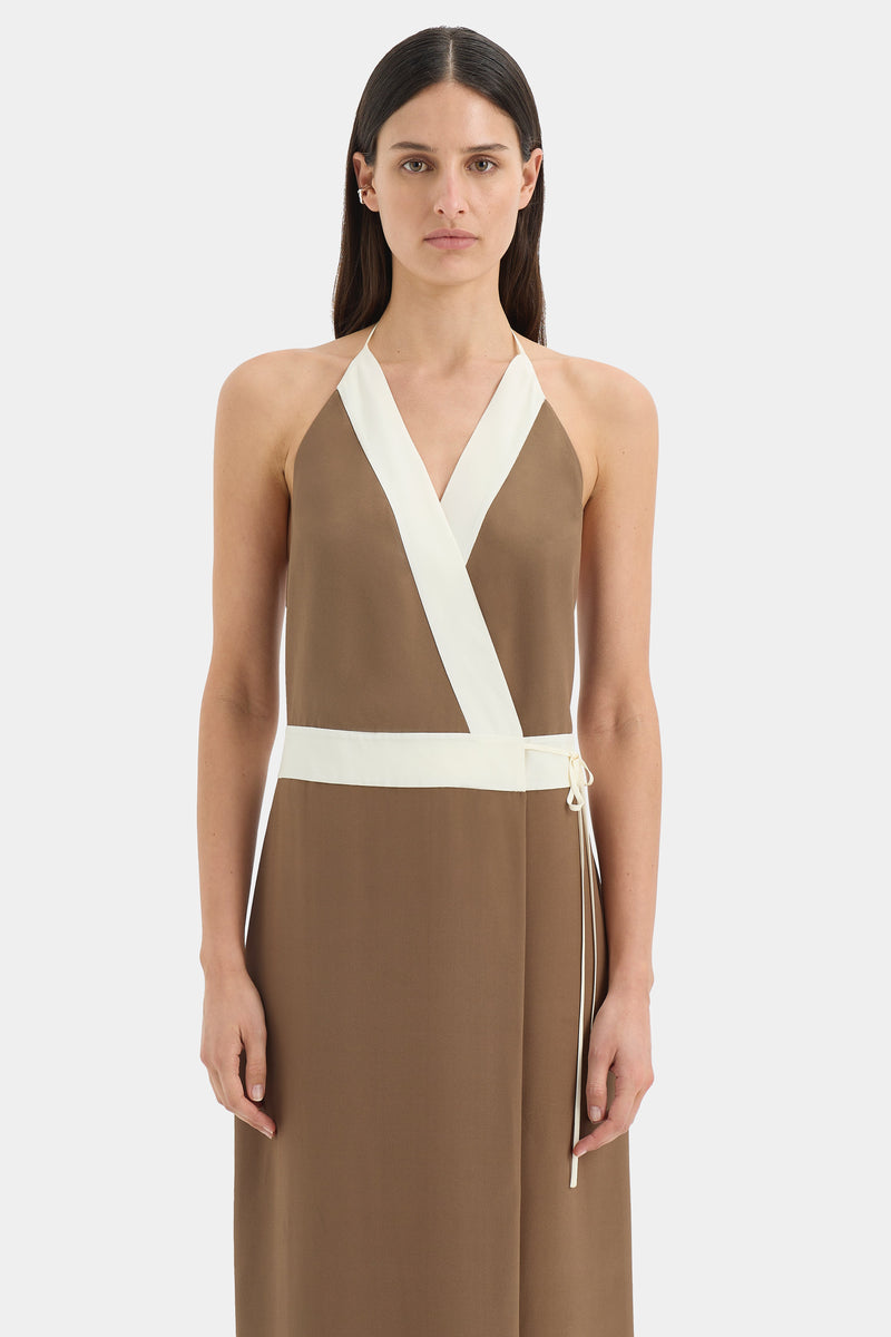 Almara Wrap Halter Dress | Brown Espresso Stripe | SIR. Almara Wrap Halter Dress | Brown Espresso Stripe | SIR.