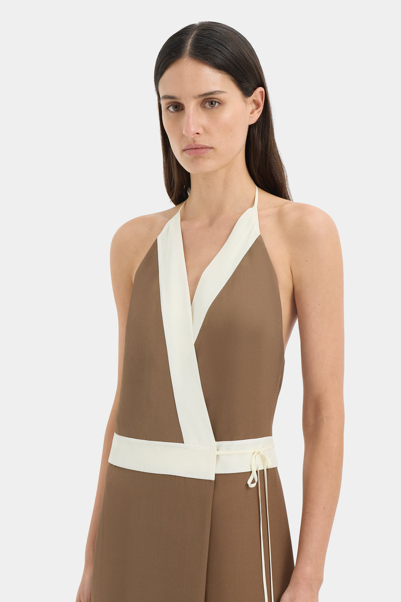 Almara Wrap Halter Dress | Brown Espresso Stripe | SIR.