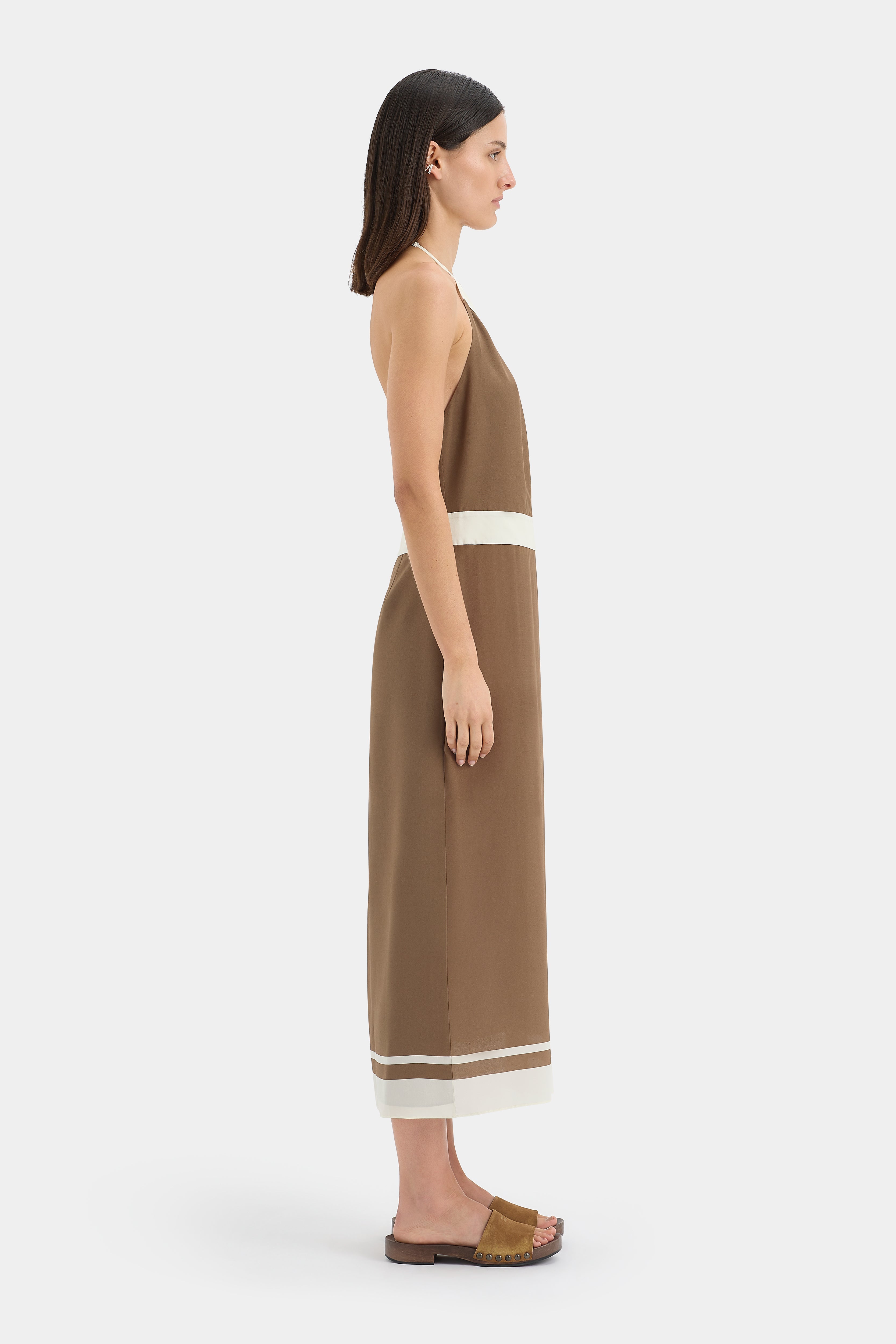 Almara Wrap Halter Dress | Brown Espresso Stripe