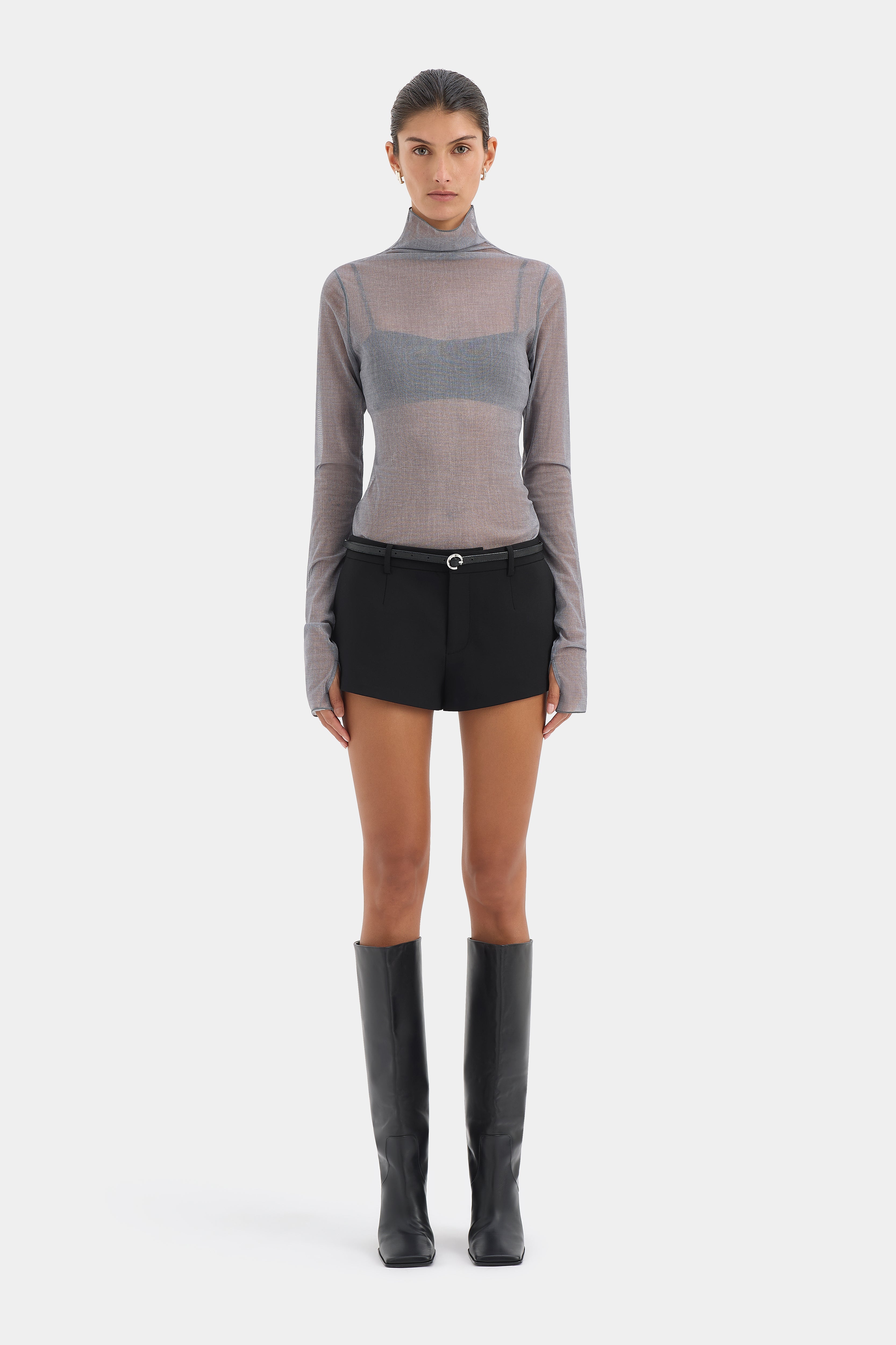 Soren Long Sleeve Top | Washed Grey Japanese Mesh Denim Print | SIR.
