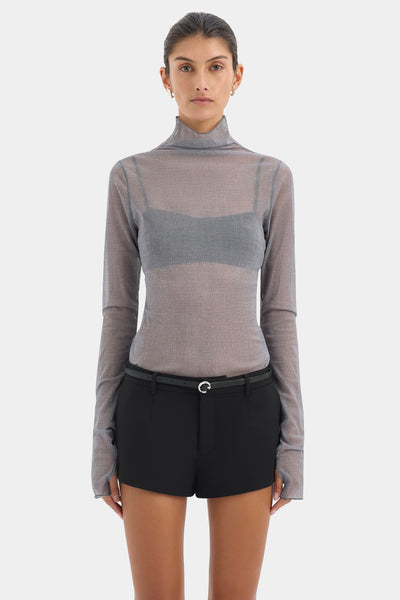 Soren Long Sleeve Top | Washed Grey Japanese Mesh Denim Print | SIR.