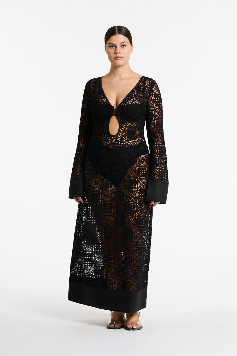 SIR the label Rayure Long Sleeve Maxi Dress Black Crochet