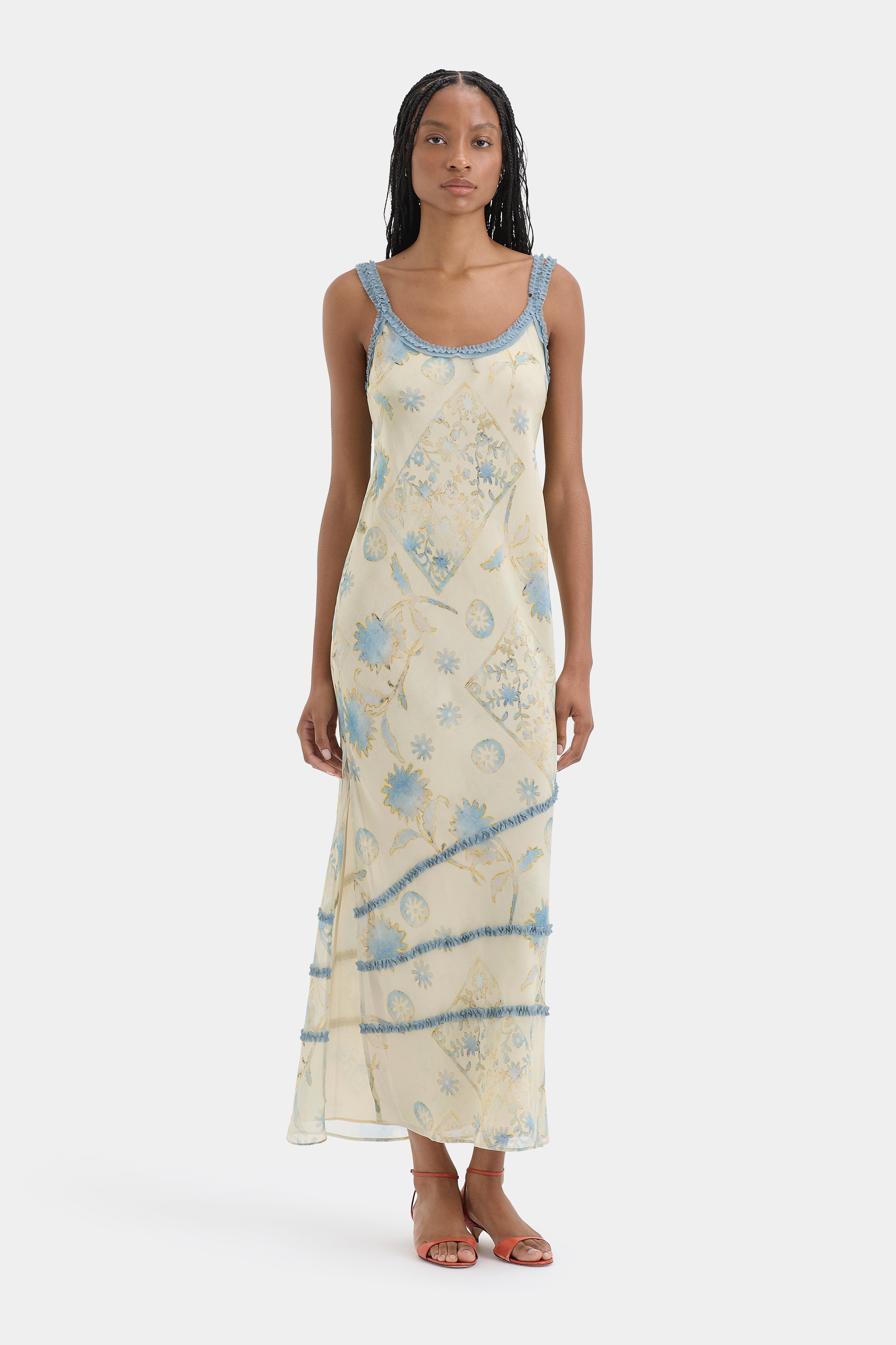 ruffle slip dress Cecile Ruffle Slip Dress | Eira Butter Vintage Stamp Print