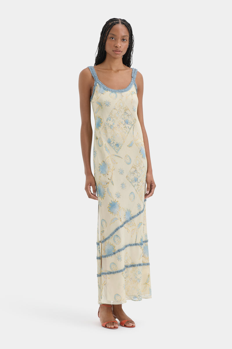 Cecile Ruffle Slip Dress | Eira Butter Vintage Stamp Print Cecile Ruffle Slip Dress | Eira Butter Vintage Stamp Print