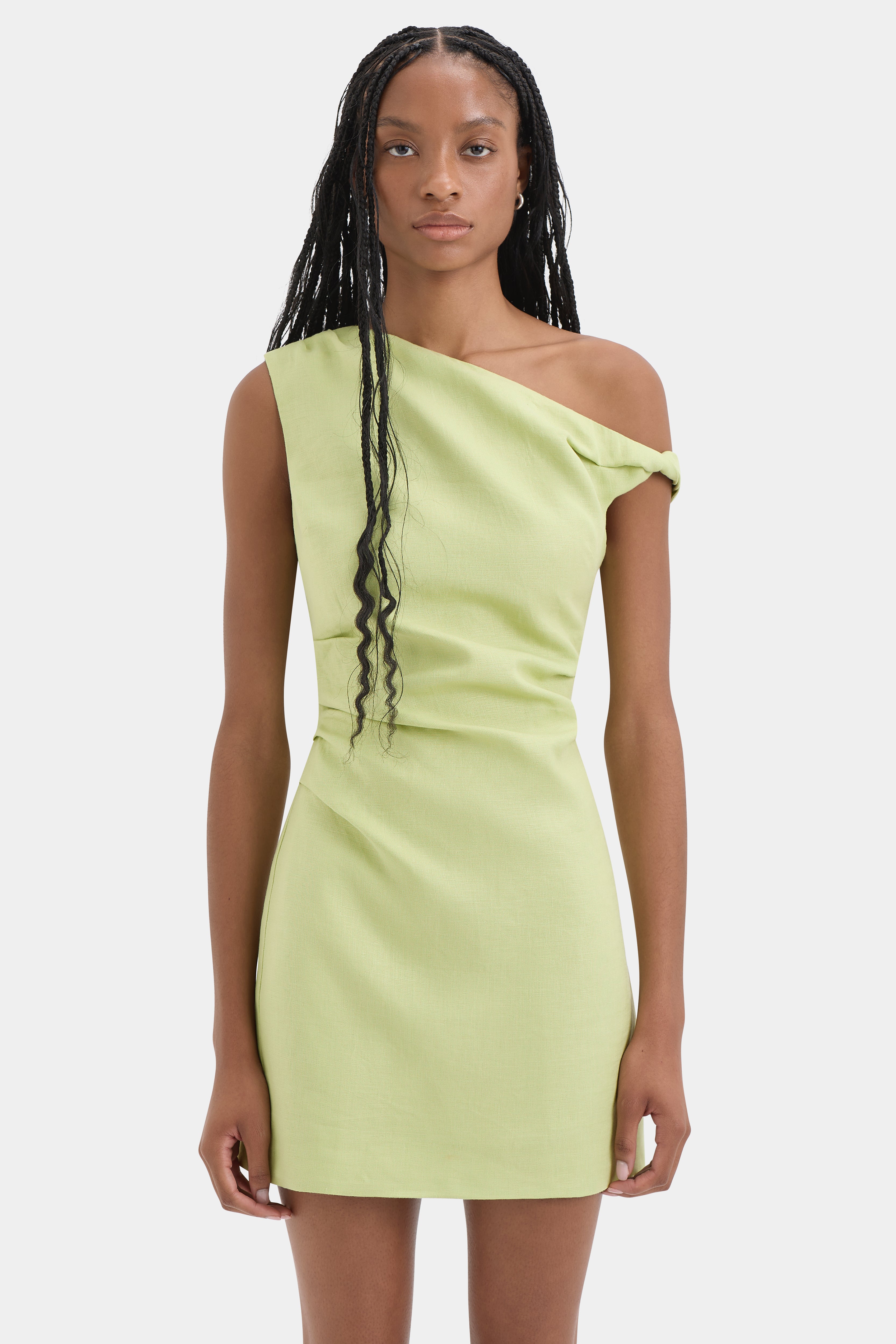 Favi Twist Mini Dress | Light Sage Midweight Natural Linen | SIR. Favi Twist Mini Dress | Light Sage Midweight Natural Linen | SIR.