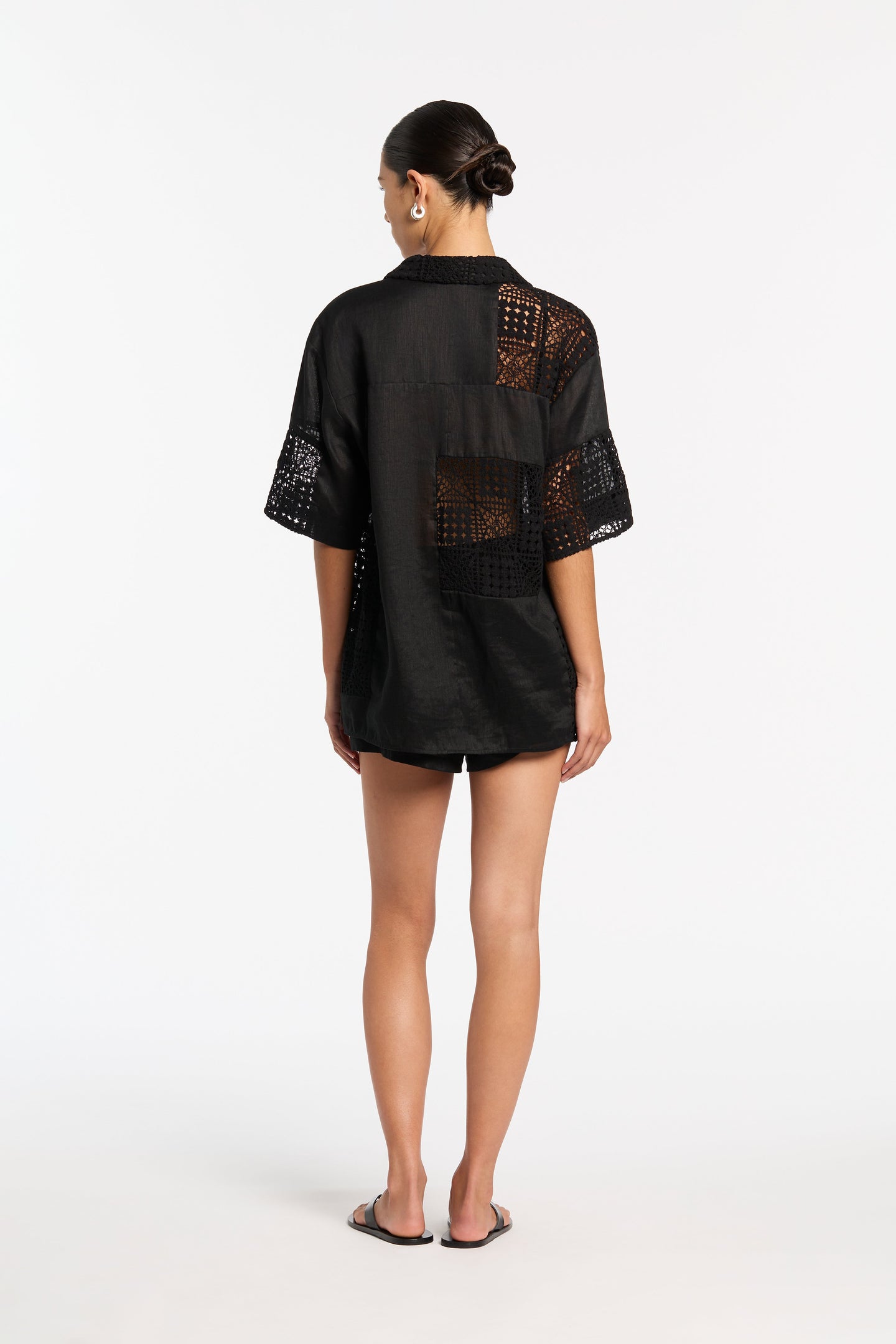 SIR the label Rayure Patchwork Shirt Black Crochet
